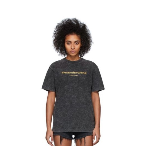 Alexander Wang Unisex Acid Washed Tee with Embroidered Logo in Acid Black - Picture 3 of 12